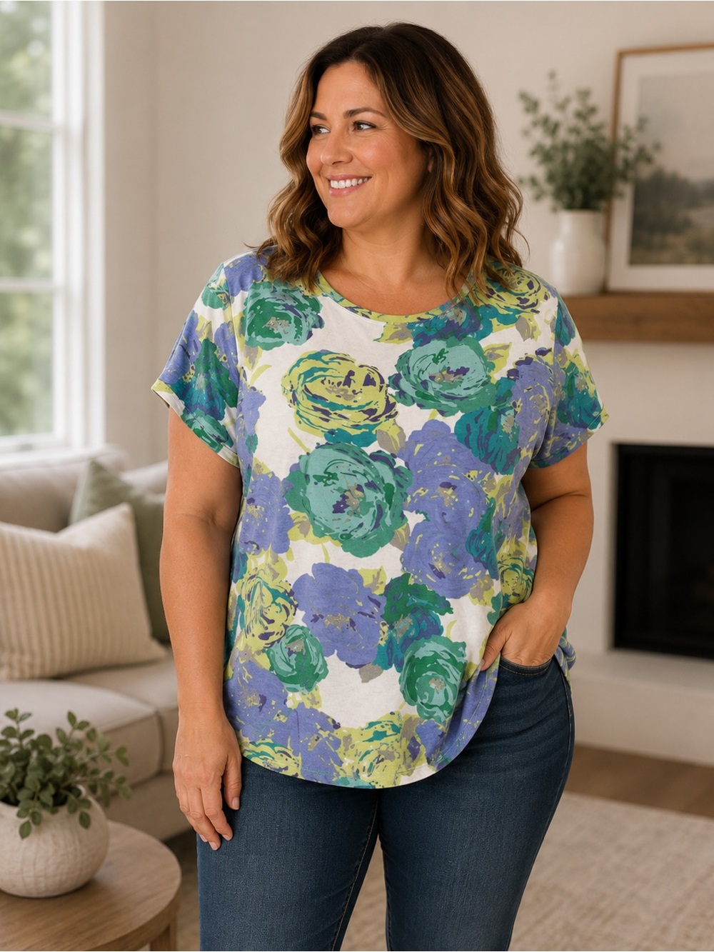 Croft & Barrow Womens Top Floral Print Short Sleeve Casual Tee Shirt XL